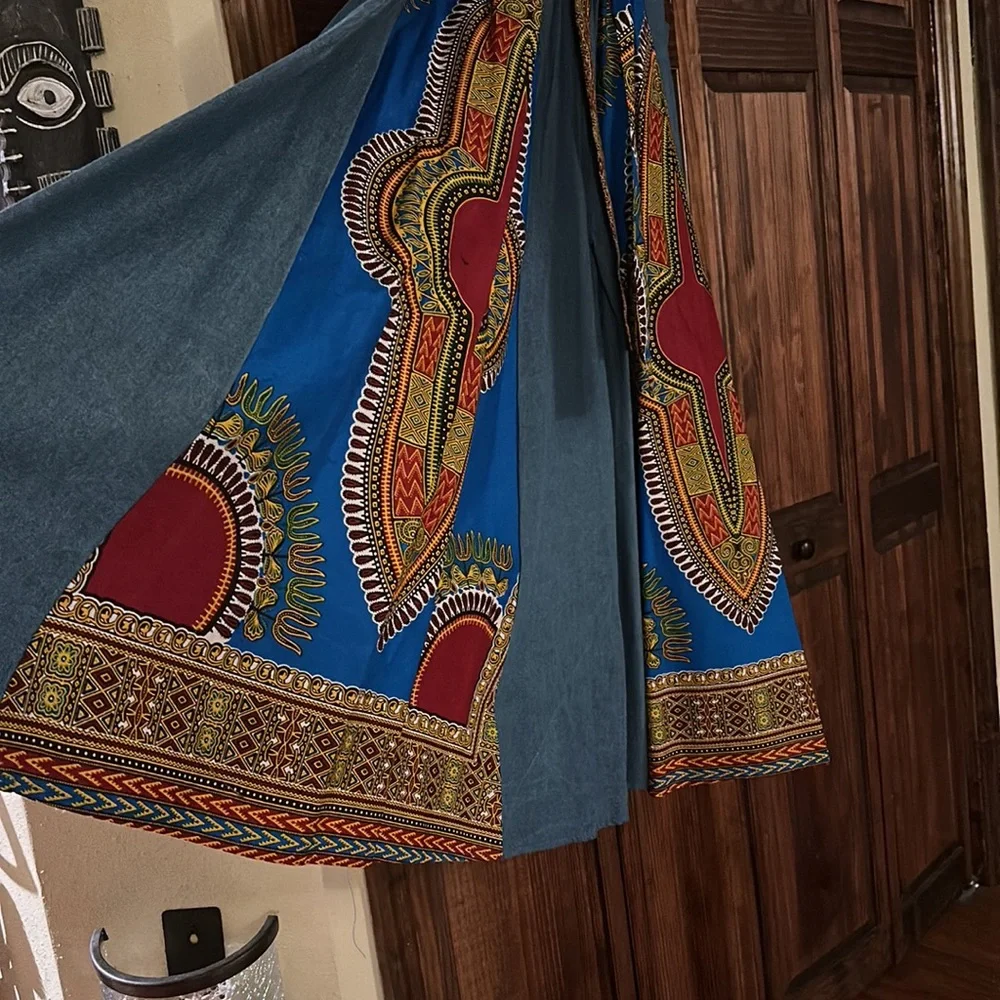 Wide leg maxi skirt, heavy denim, multi color accents - Picture 3 of 6
